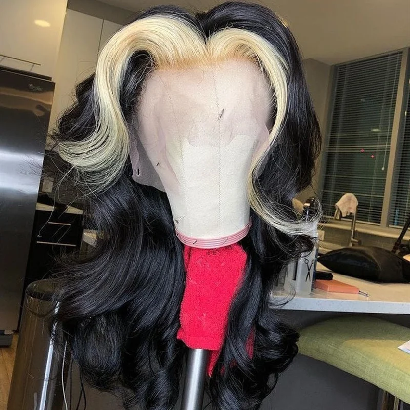 Lace - front wavy wig for a realistic hairlinePeruvian Hair Black with Blond Color Highlights Body Wavy Full Lace Wig