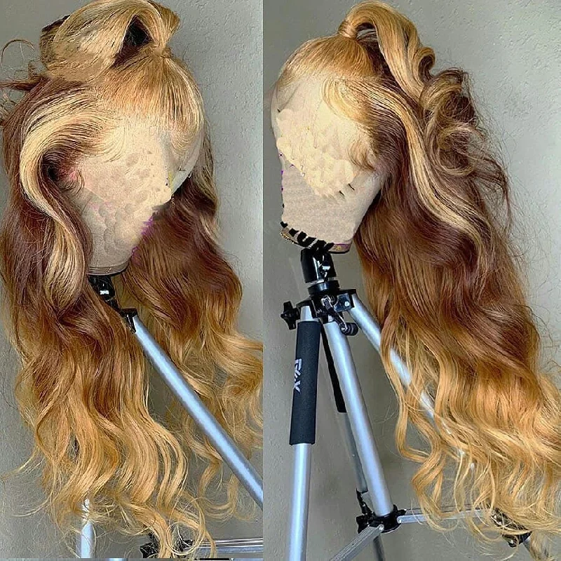 Wavy wig with a natural - looking root for a more realistic lookPeruvian Hair Blond with Brown Color Natural Wavy Lace Front Wig