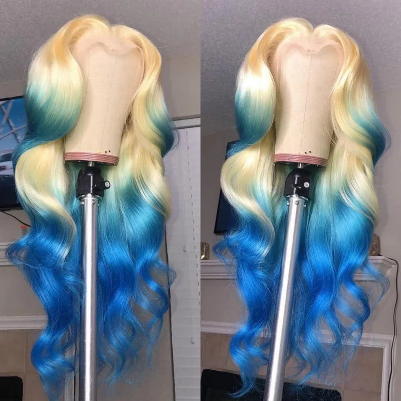 Wavy wig with a wispy fringe for a soft and feminine lookPeruvian Hair Blond With Sky Blue Body Wavy Lace Front Wig