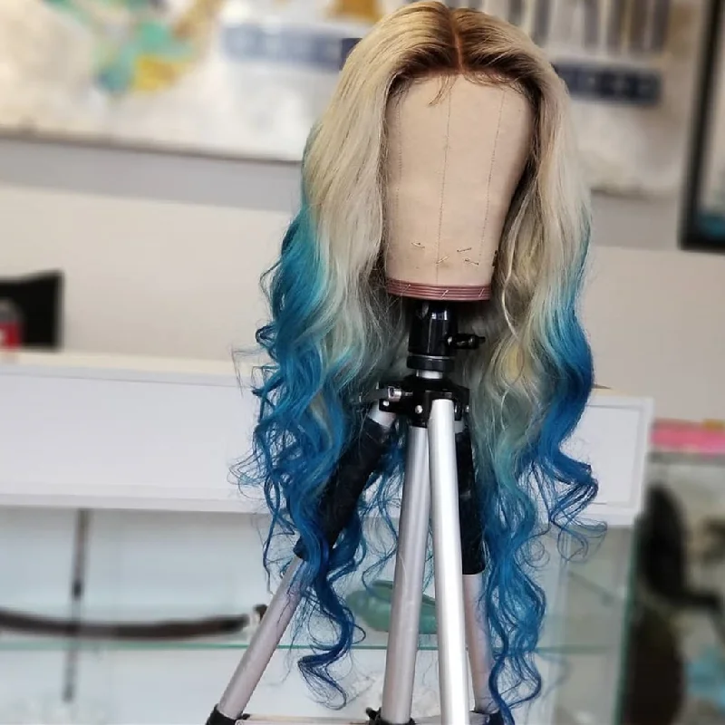 Wavy wig with a pre - bleached knot for a natural - looking scalpPeruvian Hair Blue and Blond with Black Root Color Body Wavy Lace Front Wig