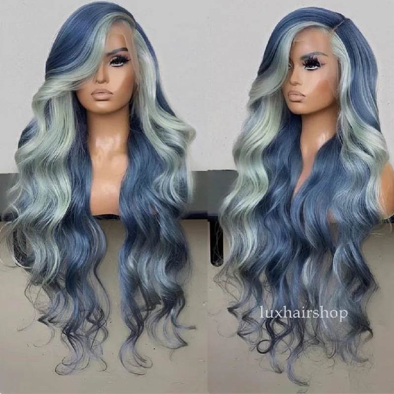 Wavy wig in a chocolate - brown color for a rich and warm appearancePeruvian Hair Blue Color Highlights Style Body Wavy Lace Front Wig