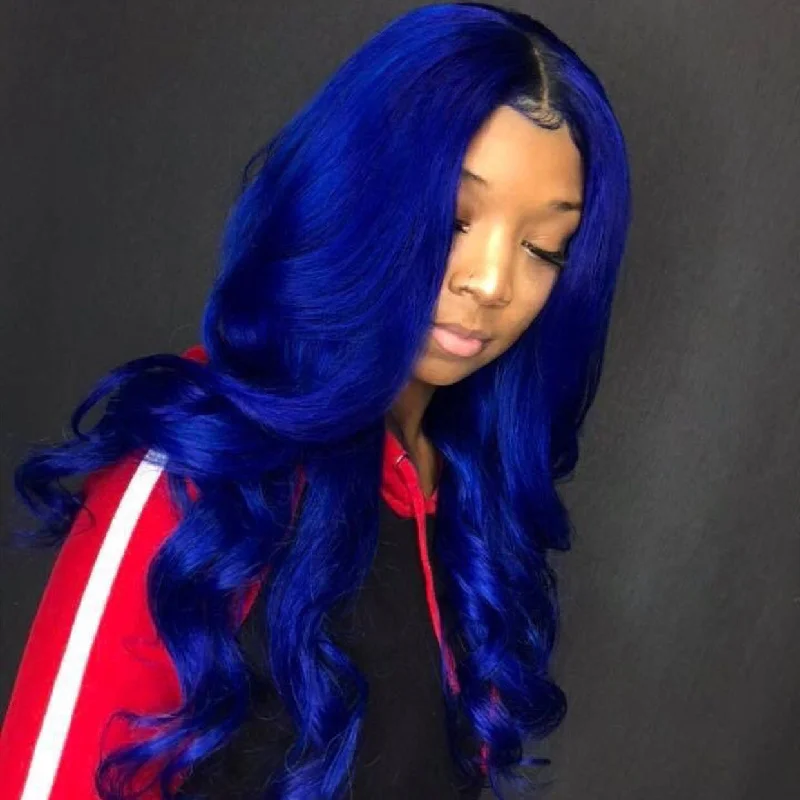 Wavy wig with a side - part for a more flattering lookPeruvian Hair Blue Color with Black Root Body Wavy Lace Front Wig