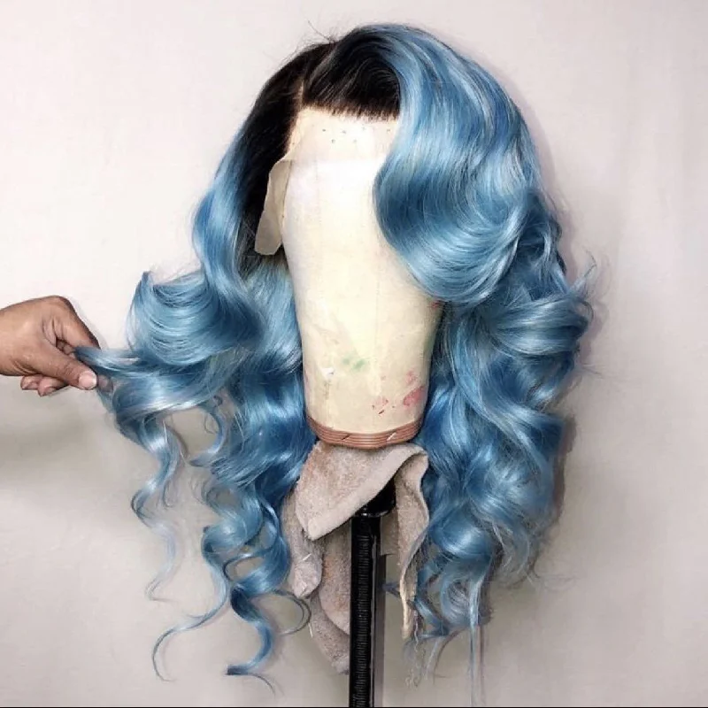 Wavy wig with a pre - bleached knot for a natural - looking scalpPeruvian Hair Blue with Black Root Color Body Wavy Lace Front Wig