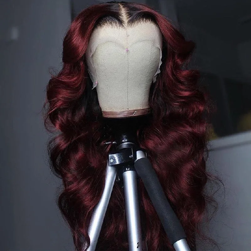 Wavy wig with a 180 - density for a full and thick appearancePeruvian Hair Burgundy with Black Root Color Body Wavy Lace Front Wig