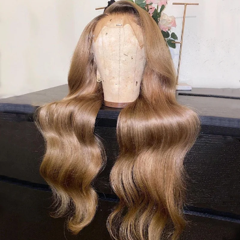 Wavy wig with a middle - part for a classic and elegant style100% Human Hair Dark Blond & Brown Root Body Wavy Transparent Lace Front Wig