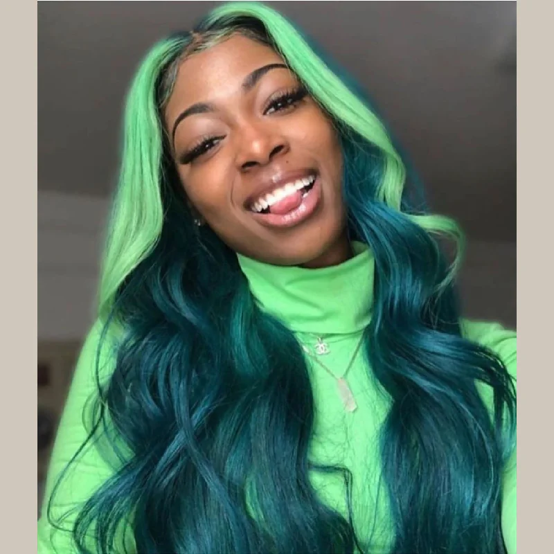 Wavy wig with a water - wave texture for a unique and stylish choicePeruvian Hair Dark Green With Light Green Highlights Body Wavy Lace Front Wig