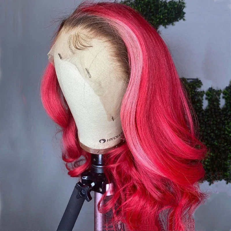 Wavy wig with a wavy bang for a trendy and modern stylePeruvian Hair Fuchsia and Light Pink with Black Root Body Wavy Lace Front Wig