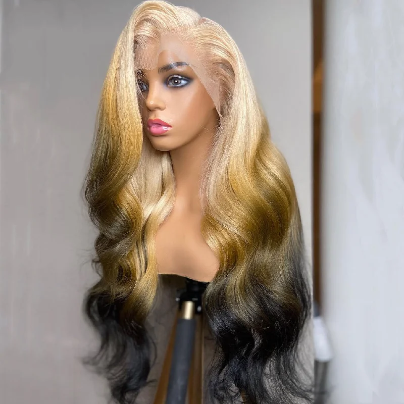 Ombre wavy wig with a seamless color blendPeruvian Hair Gradient Blond and Yellow Brown with Black Body Wavy Lace Front Wig