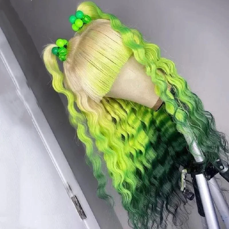 Virgin - human - hair wavy wig for the highest qualityPeruvian Hair Gradient Blonde Green with Bangs Deep Wavy Lace Front Wig