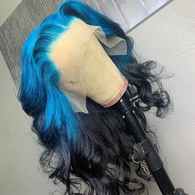 Wavy wig with a silk - base cap for a comfortable and smooth feelPeruvian Hair Gradient Color Blue Black Natural Wavy Lace Front Wig