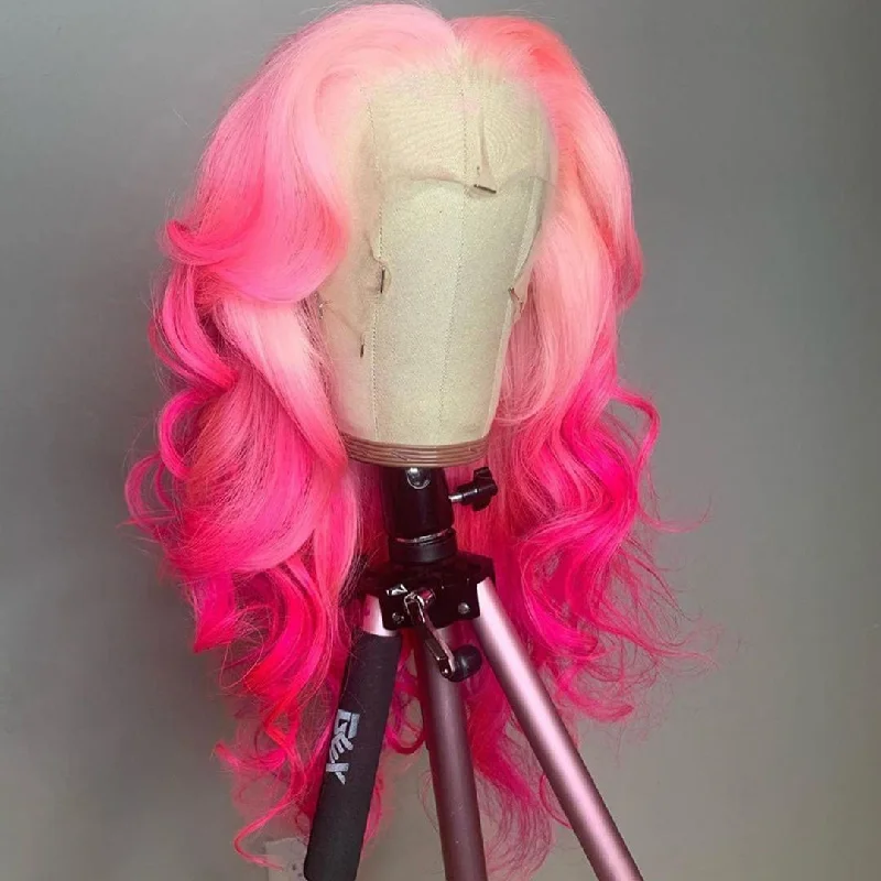 Wavy wig with a water - wave texture for a unique and stylish choicePeruvian Hair Gradient Color Pink Fuchsia Natural Wavy Lace Front Wig