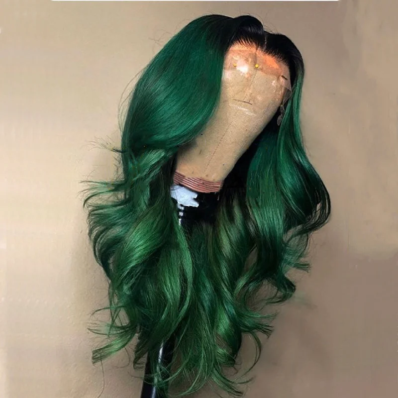 Wavy wig with a silk - base cap for a comfortable and smooth feelPeruvian Hair Green with Black Root Body Wavy Style Lace Front Wig