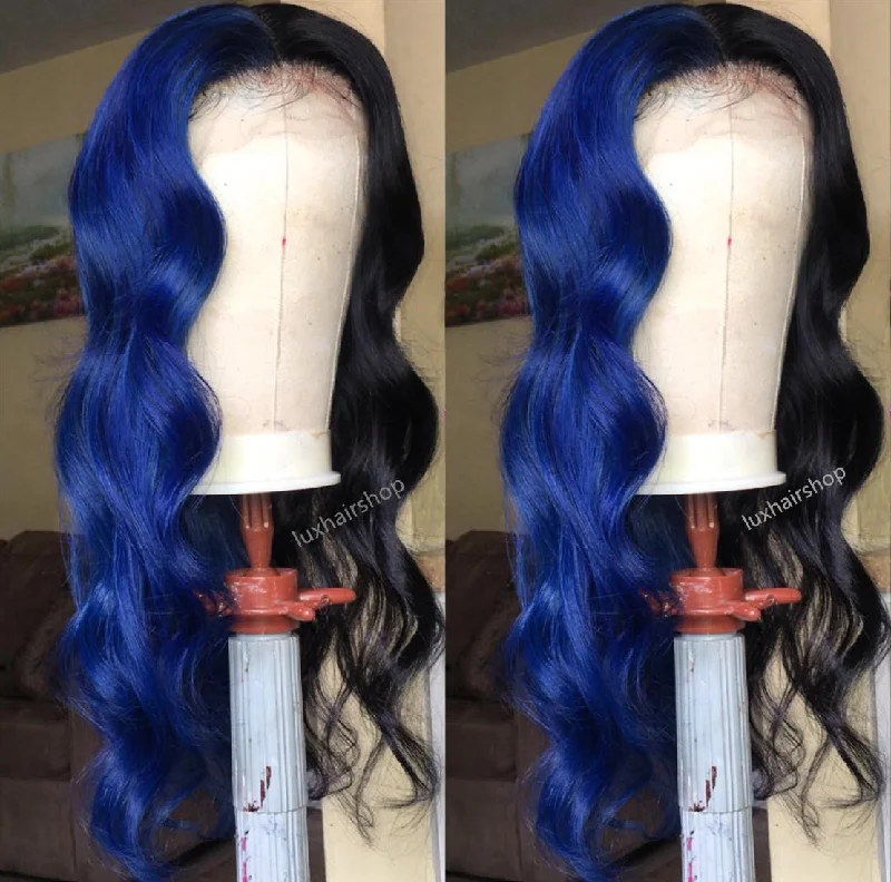 Wavy wig with auburn undertones for a unique and eye - catching colorPeruvian Hair Half Blue and Half Black Body Wavy Lace Front Wig