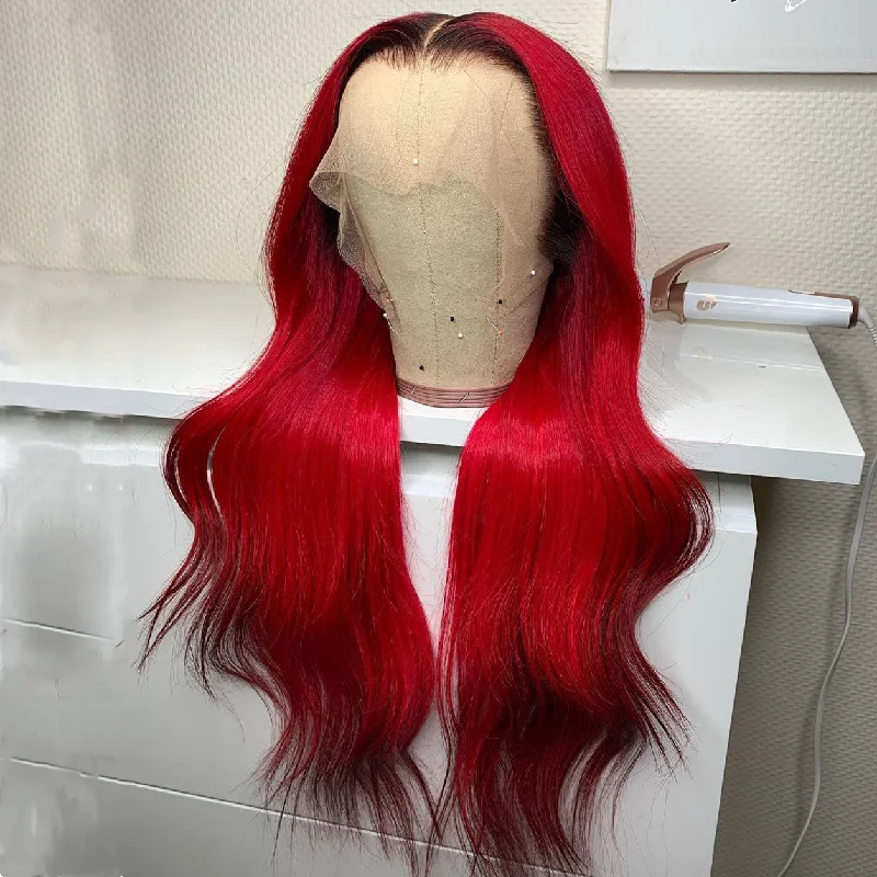 Wavy wig with a side - part for a more flattering lookPeruvian Hair Lace Front Wig Red with Black Root Color Body Wavy Fashion Style