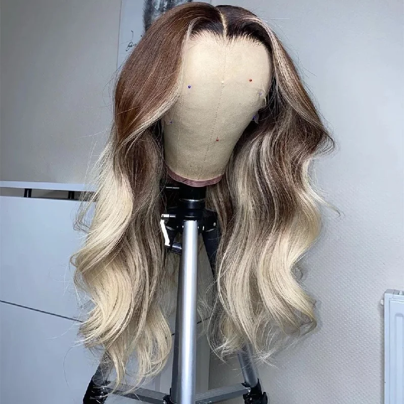 Wavy wig with a middle - part for a classic and elegant stylePeruvian Hair Light Blond with Brown Root Body Wavy Lace Front Wig