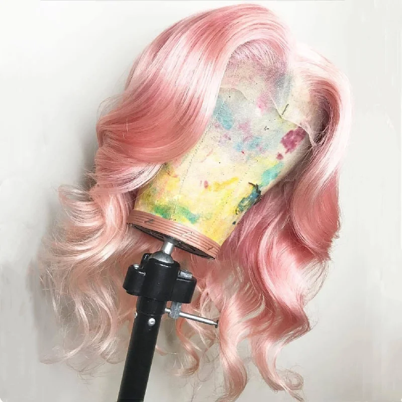 Virgin - human - hair wavy wig for the highest qualityPeruvian Hair Light Pink Color Body Wavy Lace Front Wig