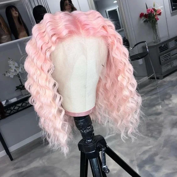 Wavy wig in a chocolate - brown color for a rich and warm appearancePeruvian Hair Light Pink Color Deep Wavy Lace Front Wig