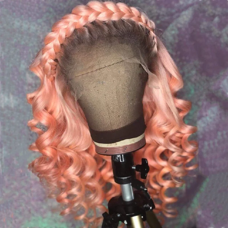 Body - wave wig with a full and voluminous lookPeruvian Hair Light Pink Color with Black Root Loose Wavy Lace Front Wig