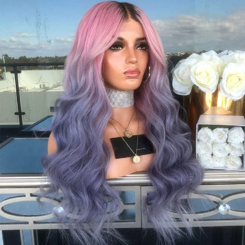 Body - wave wig with a full and voluminous lookPeruvian Hair Ombre Pink Purple with Black Root Body Wavy Lace Front Wig