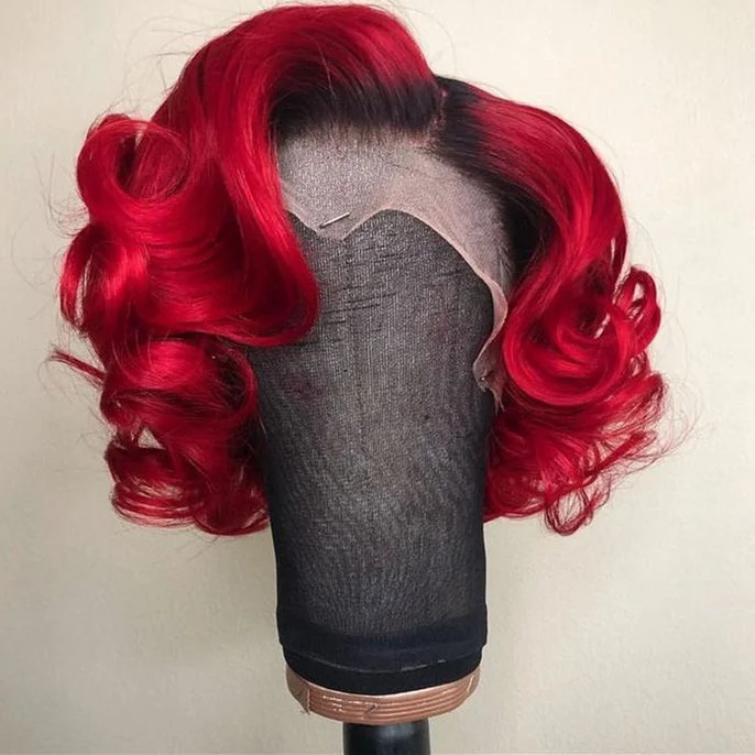 Virgin - human - hair wavy wig for the highest qualityPeruvian Hair Red Color with Black Root Body Wavy Lace Front Wig