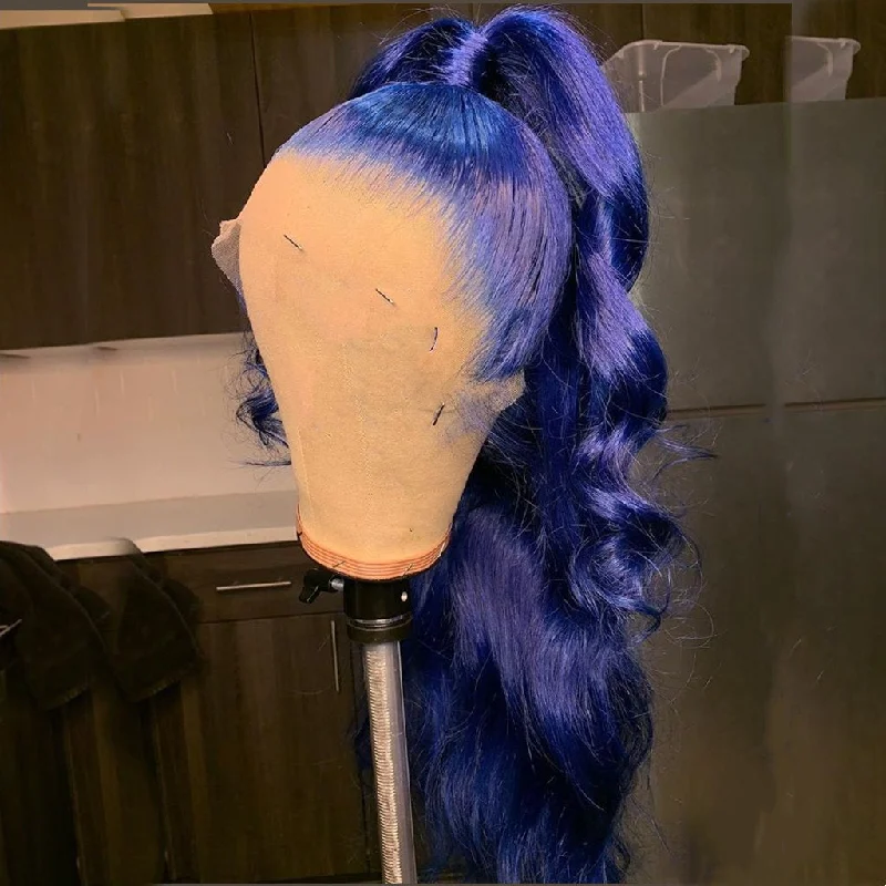 Wavy wig with a side - part for a more flattering lookPeruvian Hair Royal Blue Color Body Wavy Lace Front Wig