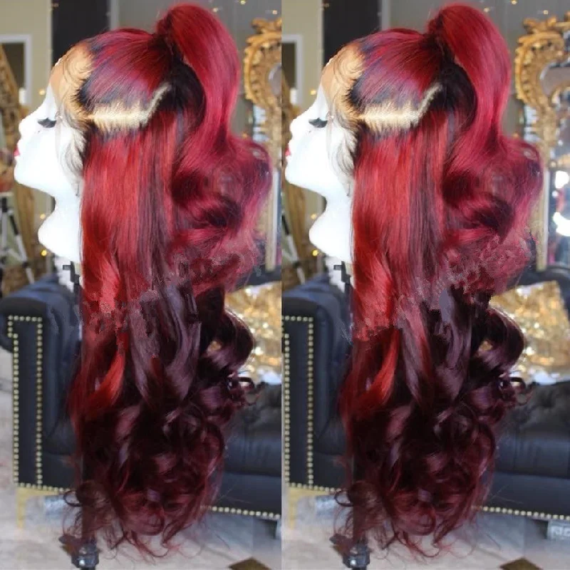 Wavy wig with a 180 - density for a full and thick appearancePeruvian Hair Scarlet Red Burgundy with Black Root Natural Wavy Lace Front Wig