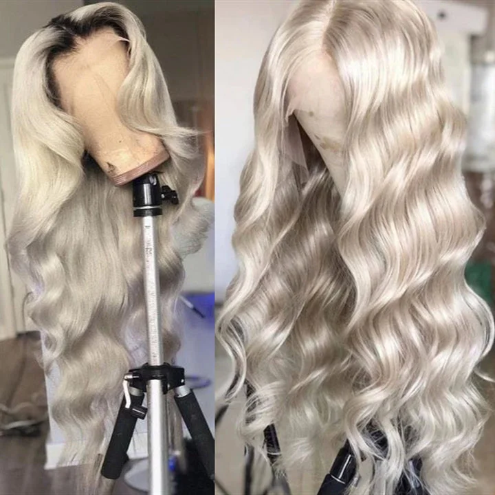 Synthetic wavy wig with a heat - friendly formulaPeruvian Hair Silver with Black Root Color Body Wavy Lace Front Wig