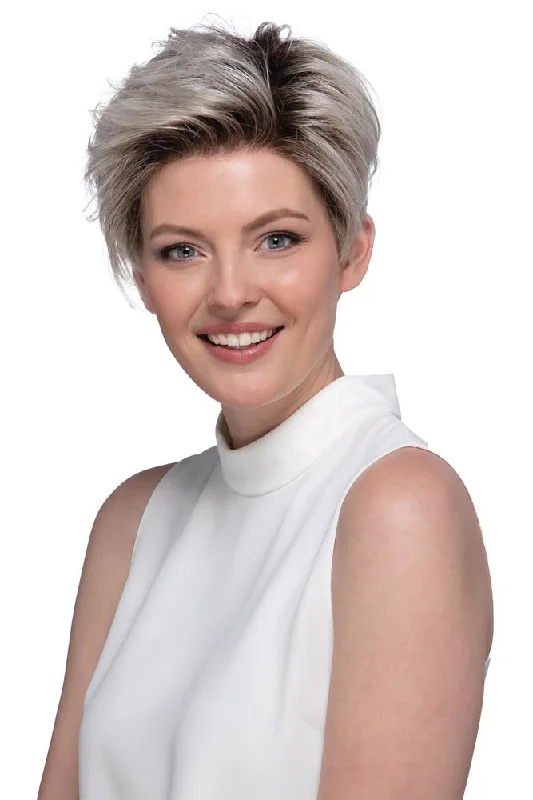 Layered short wig to add volume and dimensionPetite Easton <br>Synthetic Mono Top with Lace Front Wig