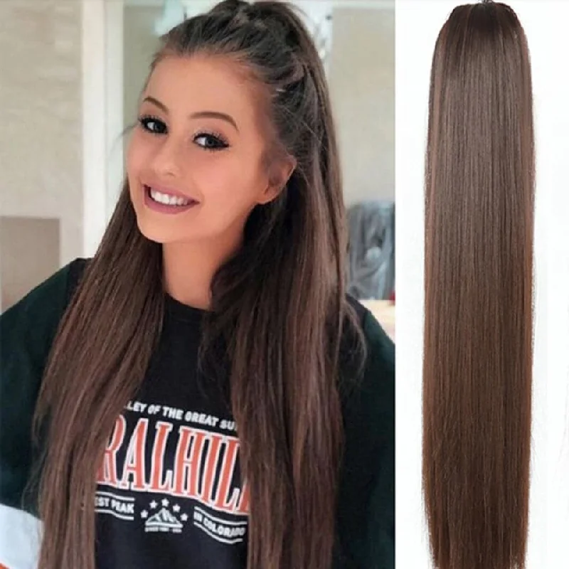 Ponytails with a side - swept bang for a flattering and stylish look#4 Brown Straight Drawstring Ponytail Extensions Human Hair