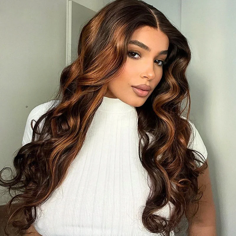 Wavy wig with a middle - part for a classic and elegant styleIshow Ready To Wear PPB™ Colored Human Hair Wigs Auburn Brown Ombre Highlights Body Wave Lace Frontal Wig Pre Plucked