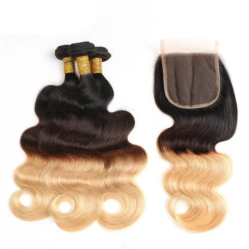 Wavy wig with auburn undertones for a unique and eye - catching colorBody Wave Ombre # 1B/4/27 Brazilian Virgin Hair 3 Bundles With Lace Closure