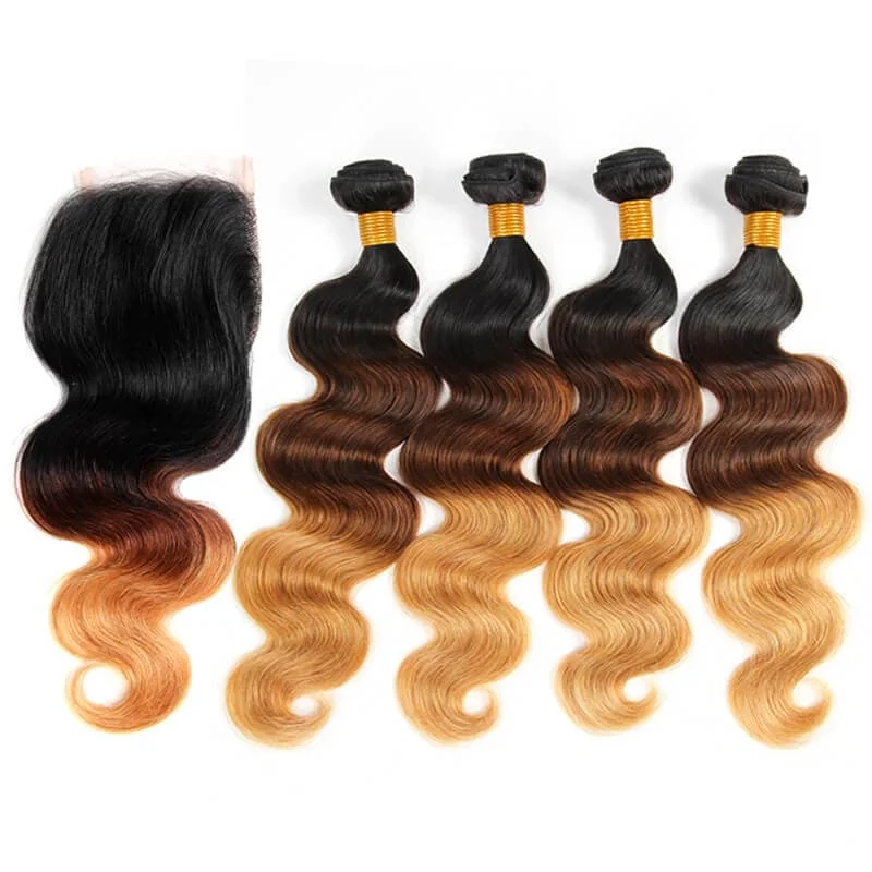 Wavy wig with a wavy bang for a trendy and modern styleOmbre Color 1B/4/27 Brazilian Virgin Hair Body Wave Bundles With 4*4 Lace Closure