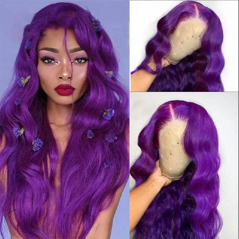 Human - hair wavy wig for a natural and luxurious feelPurple Body Wave Transparent Lace Front Human Hair Wigs for Black Women