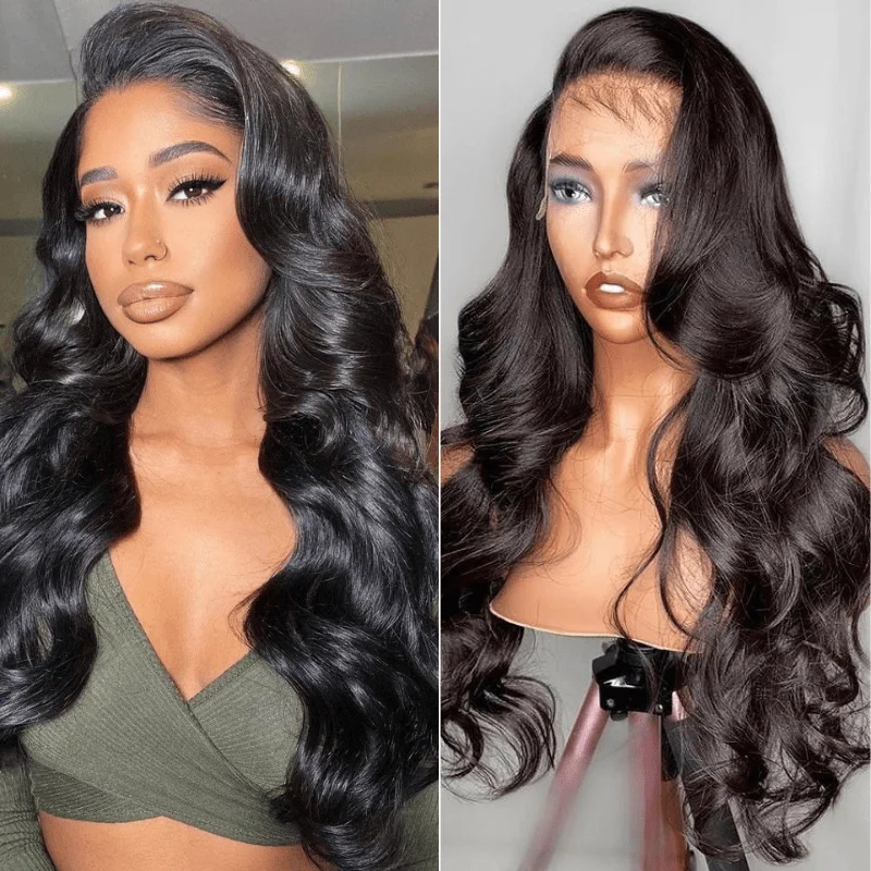 Wavy wig with a water - wave texture for a unique and stylish choiceLace Frontal Wigs 13x4 Body Wave Human Hair Wigs 180% Density #1B Natural Color