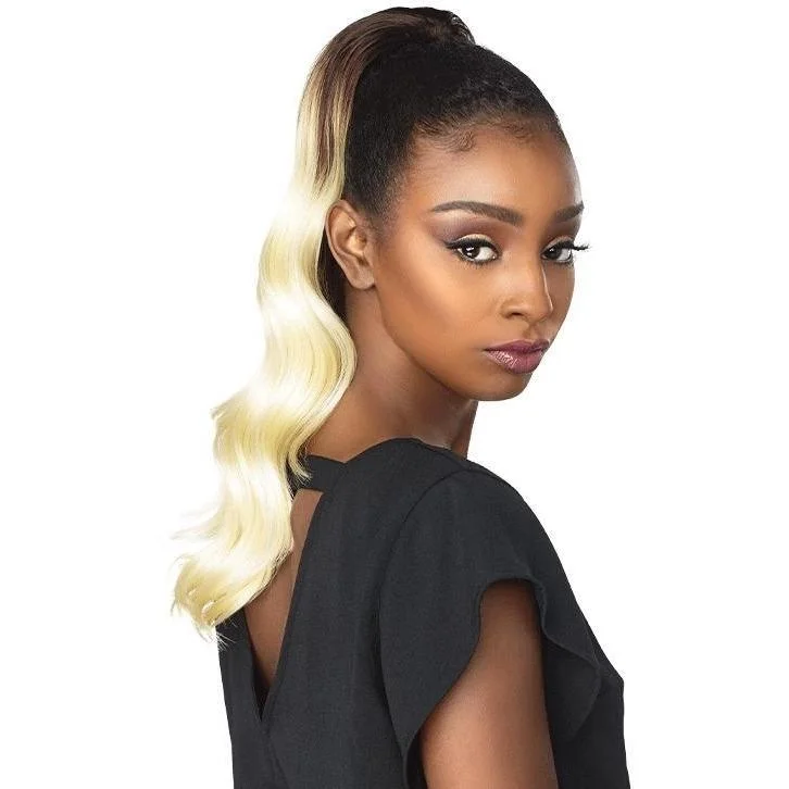 Ponytails with a side - swept bang for a flattering and stylish lookSensationnel Instant Pony Synthetic Drawstring Ponytail – Ocean Wave 18"