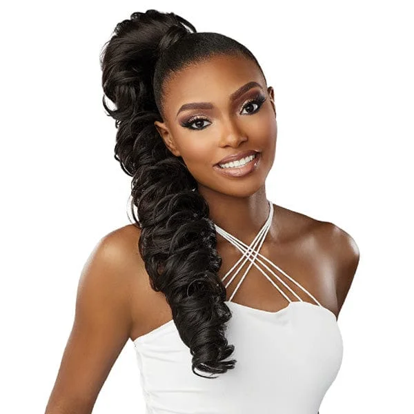 Ponytails with a side - swept bang for a flattering and stylish lookSensationnel Synthetic Ponytail Lulu Pony Wrap - WRAP 004