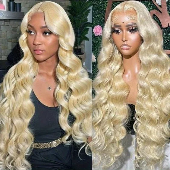 Heat - resistant wavy wig for easy styling at homeSKINLIKE HD LACE 613 Blonde Color Body Wave 13X4 HD Lace Full Frontal Wig ZH027