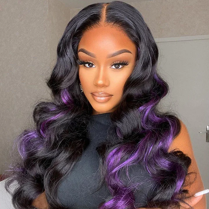 Wavy wig with a pre - styled curl pattern for convenienceSkunk Stripe Hair Body Wave Lace Front Wig With Purple Highlight HD Transparent Lace Human Hair Wigs