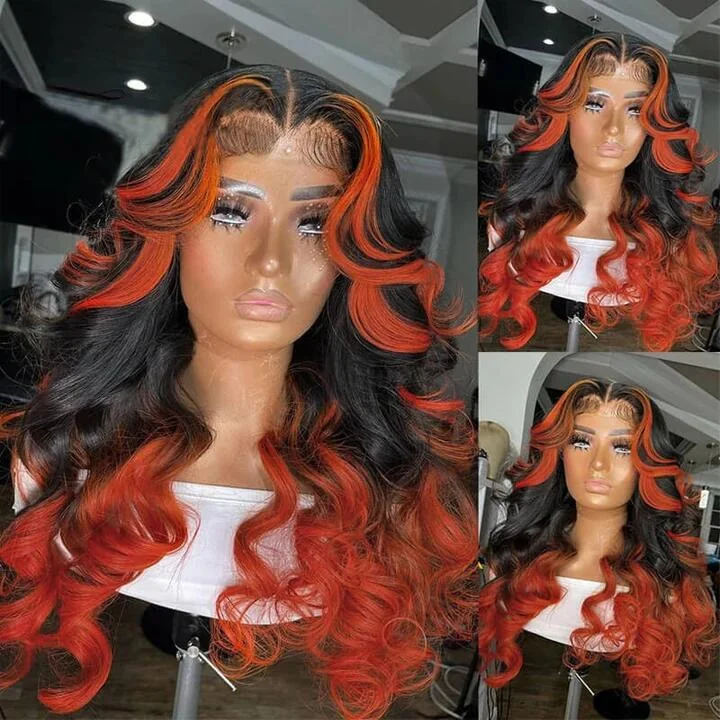 Wavy wig with a side - part for a more flattering lookBody Wave Skunk Stripe Orange Highlight With Black Ombre Color Lace Front Wig