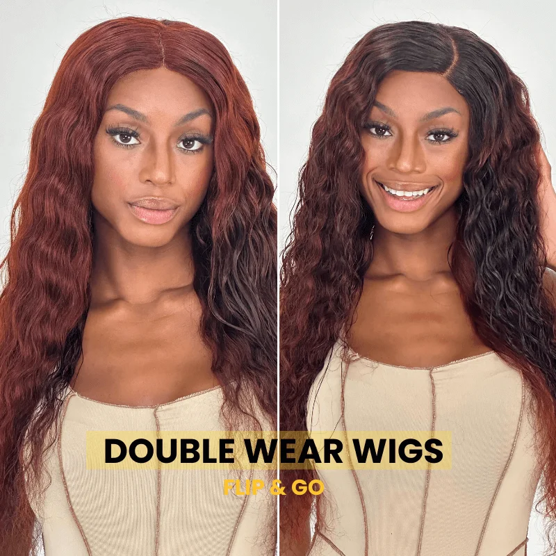 Wavy wig with a natural - looking root for a more realistic lookSunber Flip & Go Rosy Black Cherry/ Reddish Brown Ombre Lace Loose Deep Wave Wig