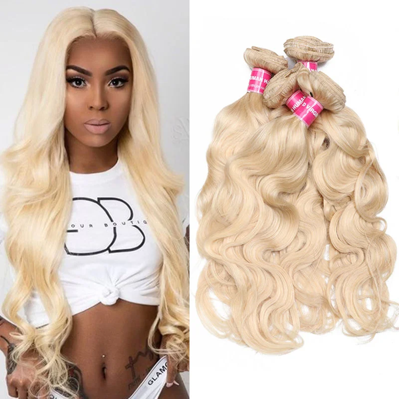 Wavy wig with a wavy bang for a trendy and modern styleSunber 613 Blonde Hair Weave 4 Bundles Body Wave Virgin Human Hair Extension