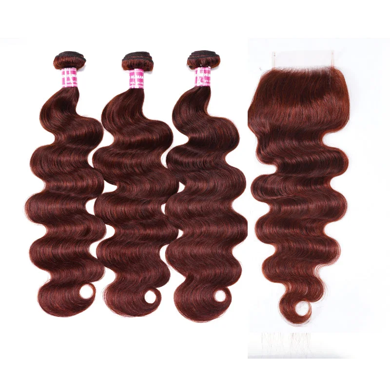 Wavy wig with a side - part for a more flattering lookSunber Hair Reddish Brown Body Wave Human Hair 3Bundles with 4x4 Lace Closure