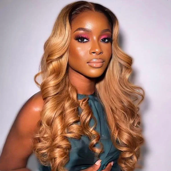 Wavy wig with a pre - bleached knot for a natural - looking scalpT1b/27 Ombre Honey Blonde Color Body Wave 13*4 13*6 Lace Front Pre-plucked Human Hair Wigs