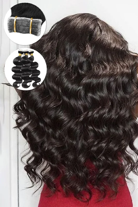 Wavy wig with auburn undertones for a unique and eye - catching colorInvisible Wavy Tape in Hair Extensions for Black Hair Human Hair