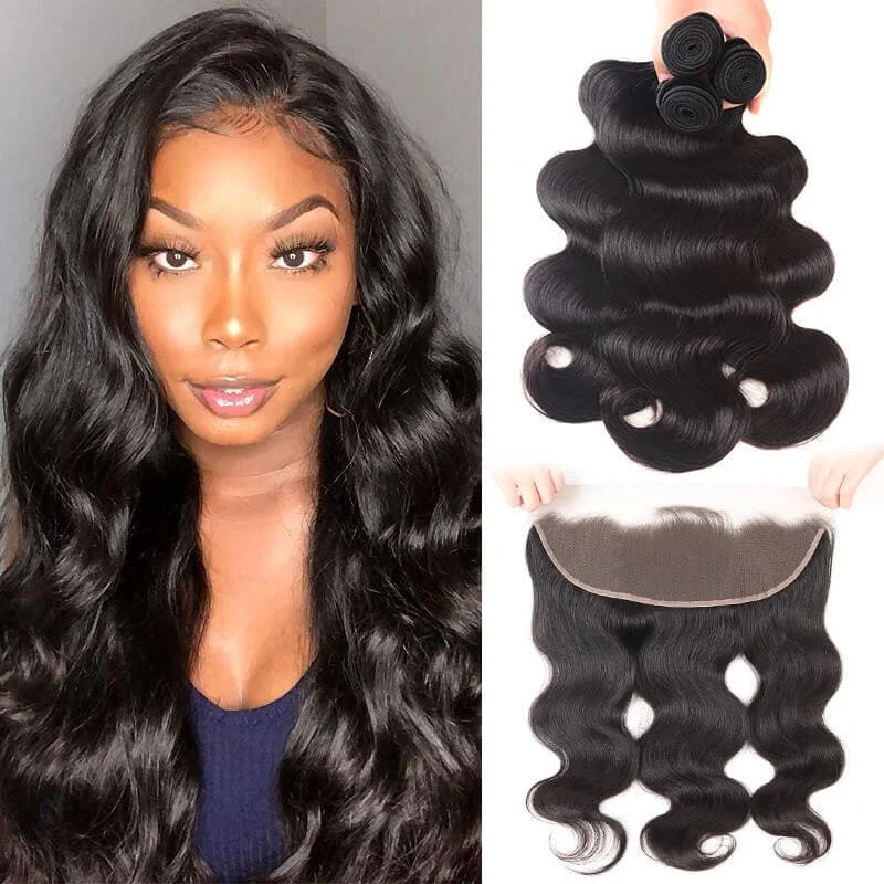 Body - wave wig with a full and voluminous lookWorldNewHair 3 Bundles With Frontal Brazilian Body Wave Human Hair Bundles With Frontal On Sale