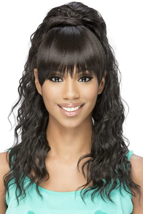 Curly ponytails with tight ringlets for a playful and feminine vibeVivica A Fox BP-Kennedei Bang N Pony Synthetic Ponytail