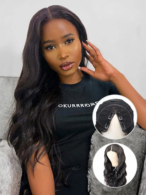 Synthetic wavy wig with a heat - friendly formulaWavymy Body Wave V Part Wig No Glue No Sew No Gel Human Hair Wig Thin Part Wig