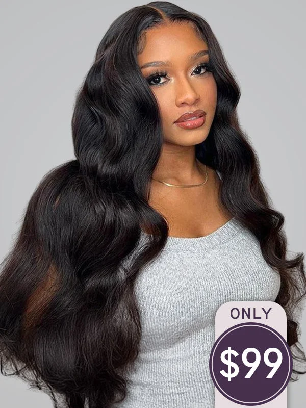 Wavy wig with a wispy fringe for a soft and feminine lookWavymy Pre-bleached Body Wave Wear Go Glueless Wigs 4x6 Transparent Lace Closure Wig 180% Density Flash Sale