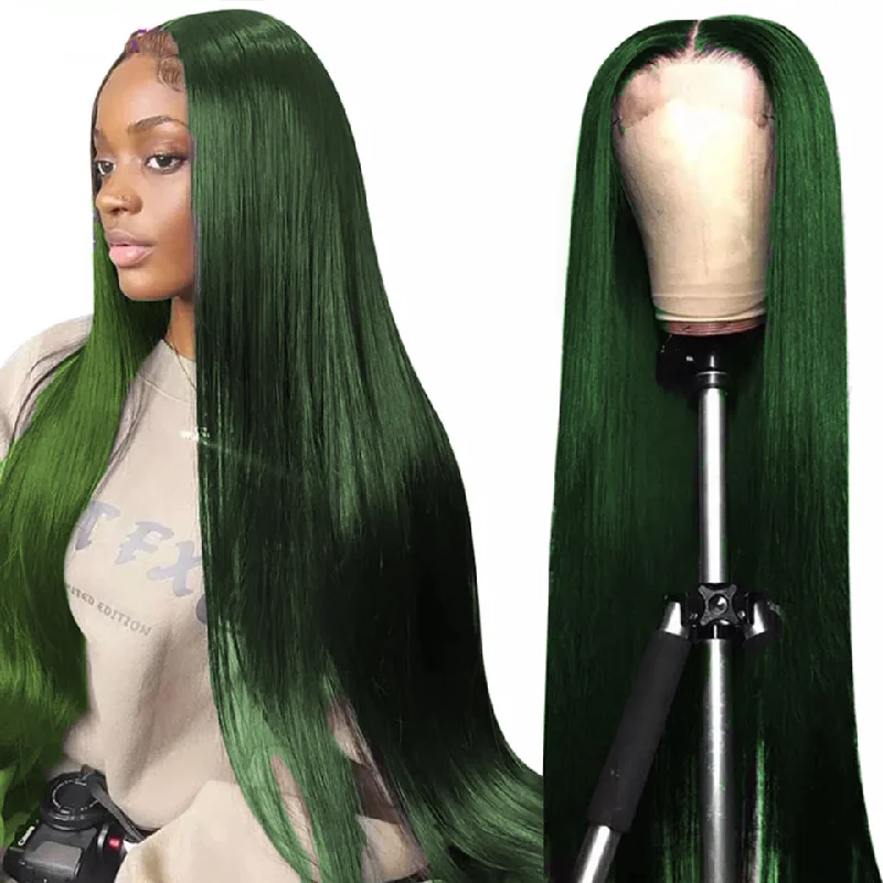 Long - length wig with a side - swept bang for a sophisticated lookDark Green Bone Straight Lace Frontal / Closure Brazilian Human Hair Wigs For Women