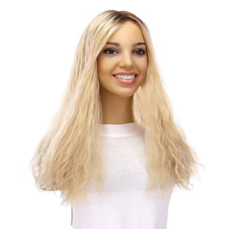 Medium - length wig with a curly texture for a bold and stylish choice18" Topaz Lace Top Topper Platinum Blonde Wavy